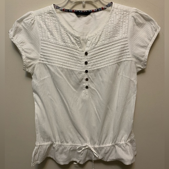 Dunnes Tops - White Pintuck Button-Front Blouse with Drawstring Waist